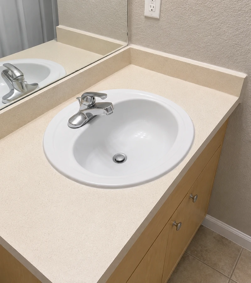 Restored beige stone-look bathroom vanity countertop in Kissimmee FL.