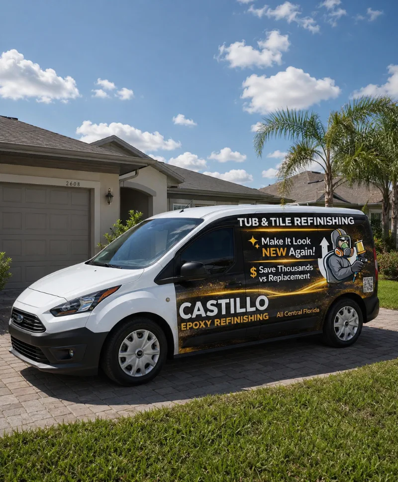 Castillo Epoxy Refinishing branded service van parked in a residential driveway in Kissimmee Central Florida.
