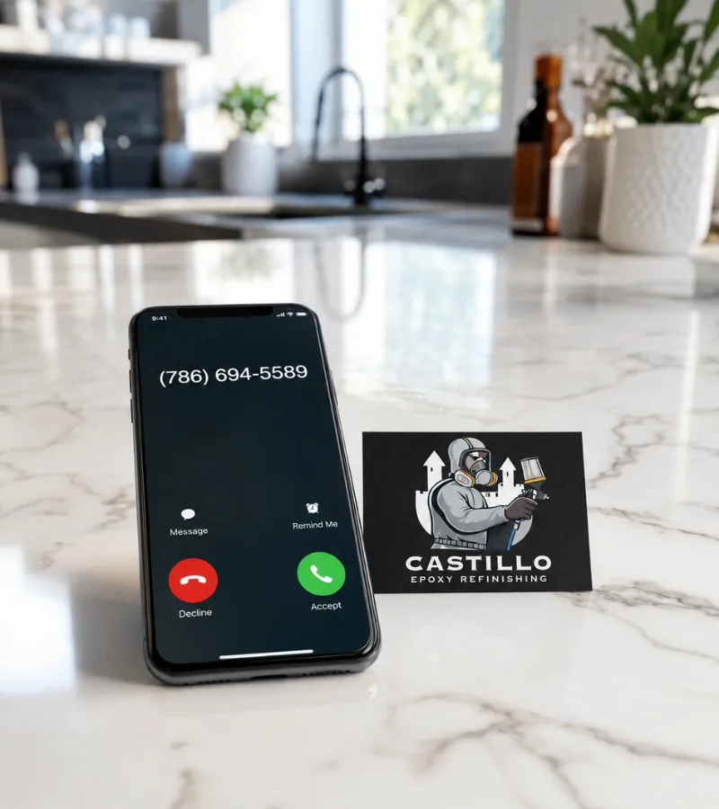 Smartphone displaying phone number (786) 694-5589 next to a Castillo Epoxy Refinishing business card on an epoxy countertop in Kissimmee.