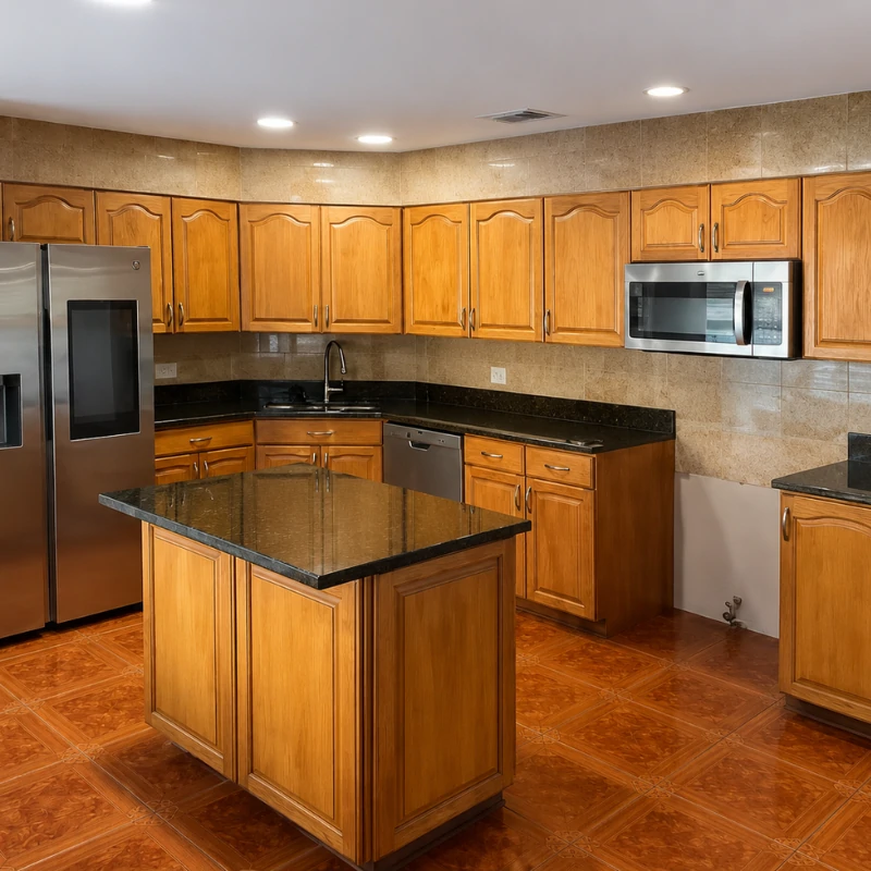 dated-wood-kitchen-cabinets-before-refinishing-kissimmee. Dated honey oak kitchen cabinets before professional painting in Kissimmee FL