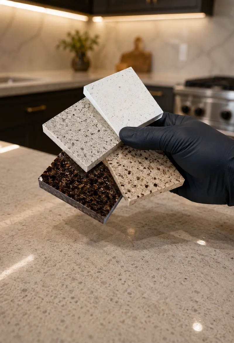 Professional holding high-grade custom epoxy color samples over a finished kitchen countertop in Kissimmee.
