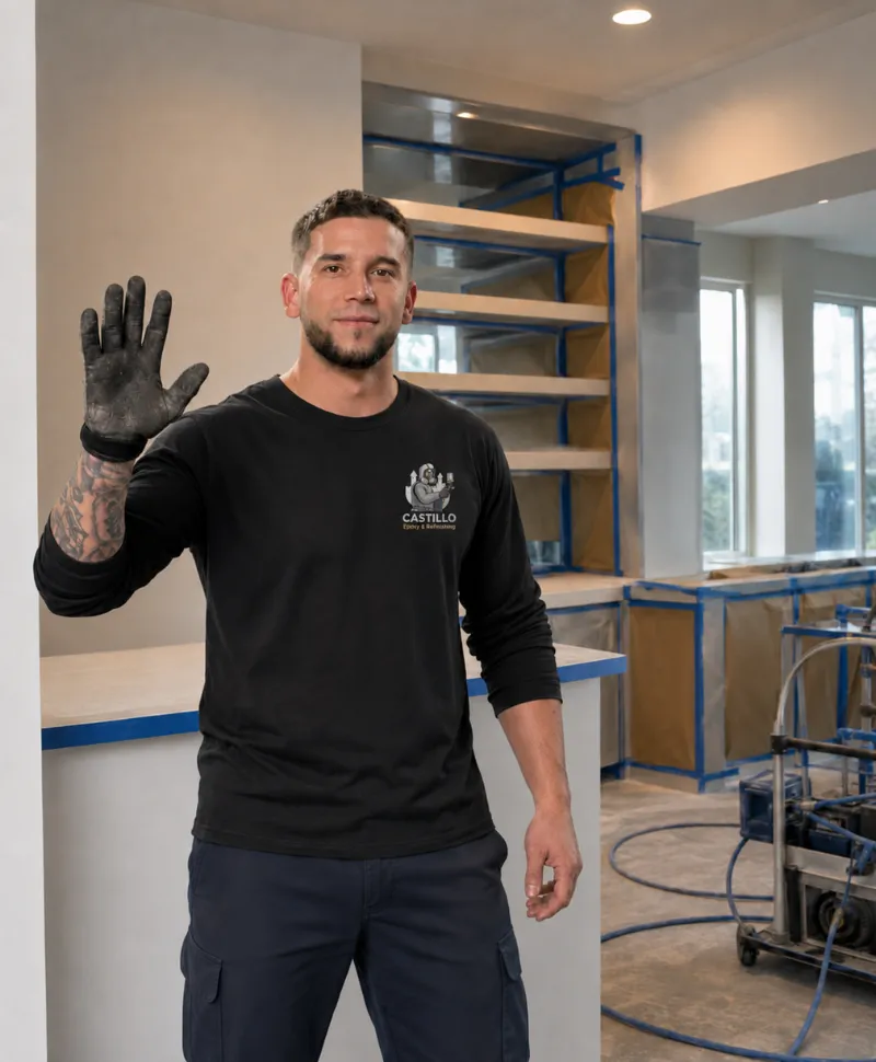 Jose Dayan from Castillo Epoxy Refinishing standing in a prepared job site in Kissimmee FL.