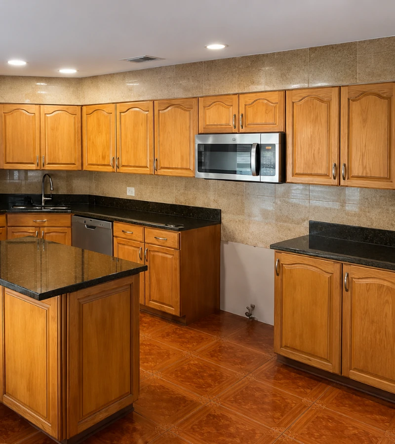 Before cabinet refinishing: Outdated honey oak wood kitchen cabinets before the modern color transformation.