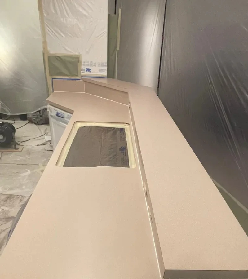 Plain laminate kitchen countertop prepared for epoxy resurfacing in Kissimmee FL.