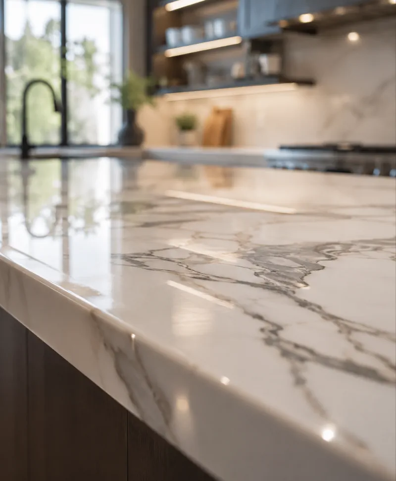 High-gloss refinished kitchen countertop with grey veining, showing seamless reflections in a Kissimmee home.