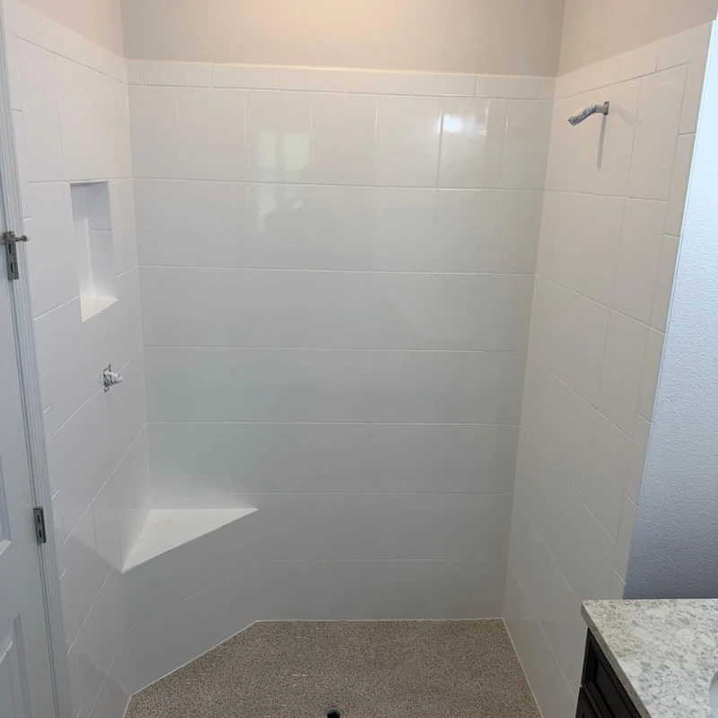 walk-in-shower-tile-reglazing-after-kissimmee. Dirty tile shower stall prepped for reglazing in Kissimmee FL